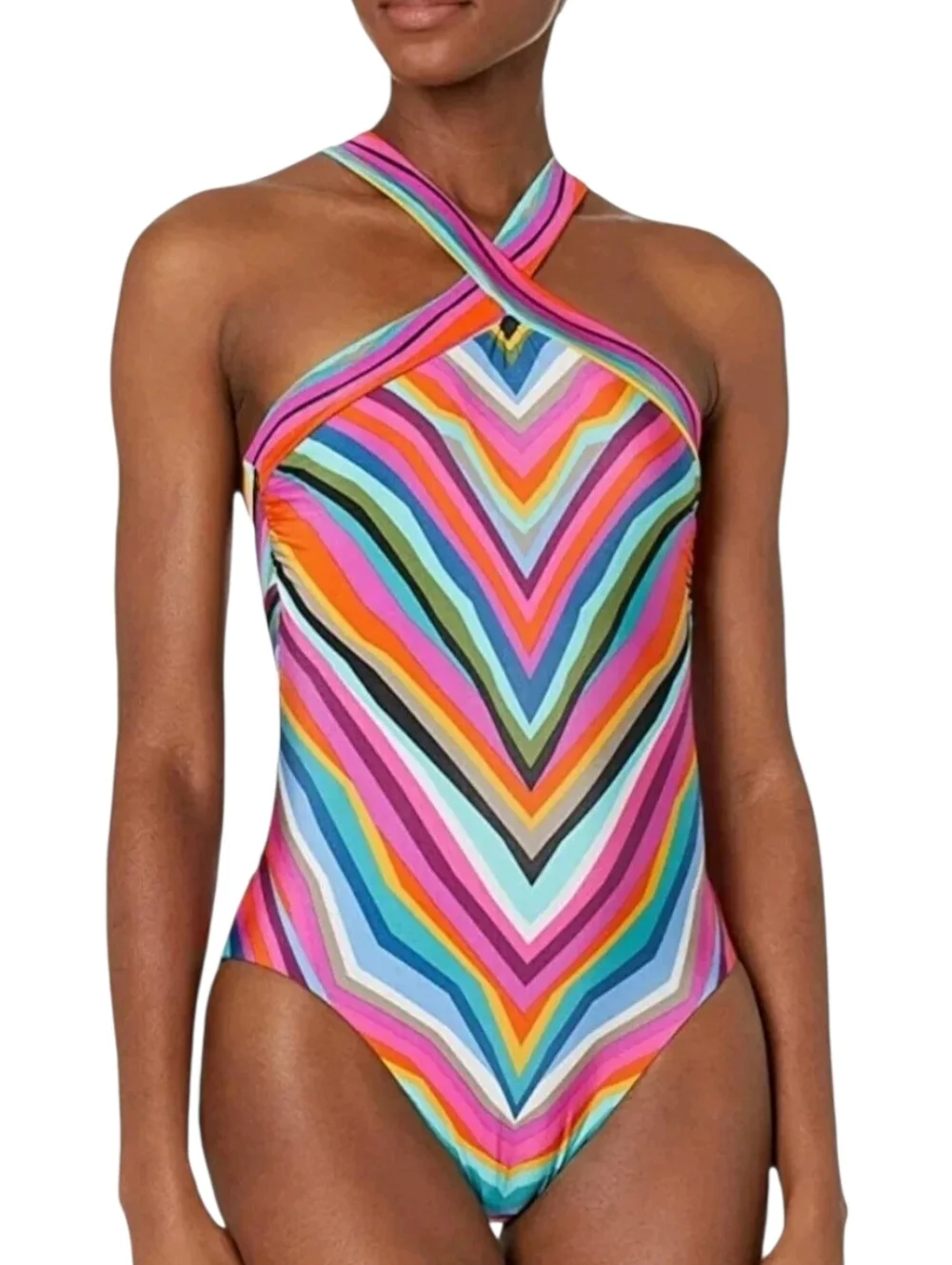 Trina Turk Louvre Stripe Reversible High Neck One Piece Swimsuit 10